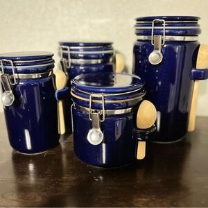 Gibson Blue Ceramic Canister Set with Wooden Spoons